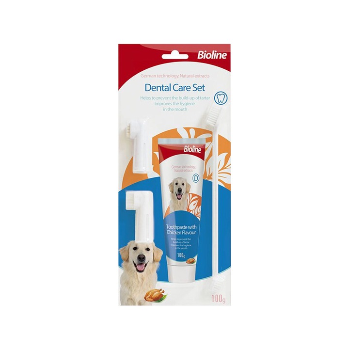 Kit dentar Bioline, pasta + periuta, aroma de pui, indeparteaza particulele de alimente si reduce bacteriile, pentru caini, 100g