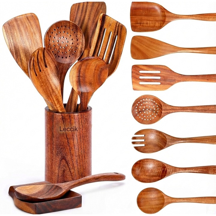 Leccik® Set de 9 Ustensile de Bucatarie Antiaderente, din Lemn Natural de Teak, Unelte de Bucatarie din Lemn fara BPA, Set de Gatit si Amestecare, Culoare Naturala a Lemnului