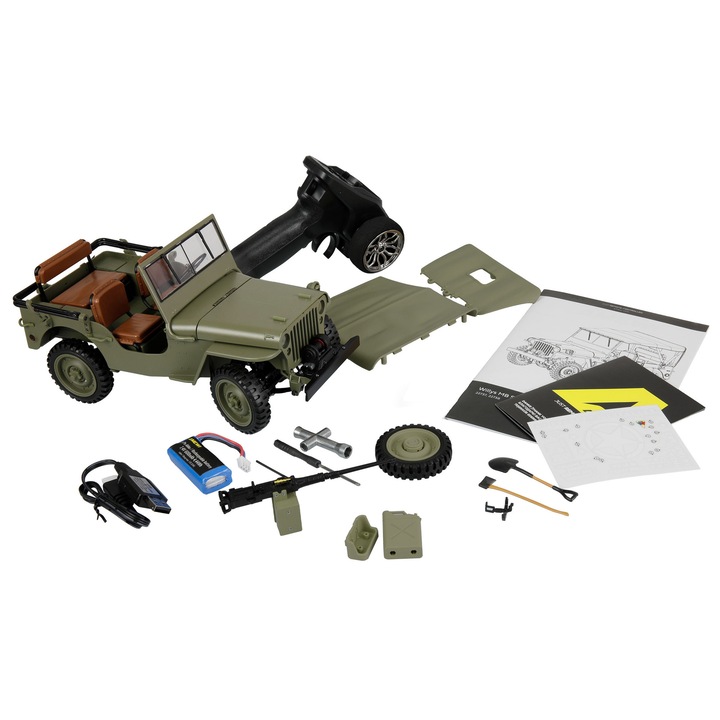 Masina RC cu telecomanda JEEP WILLYS, Lungime 23.5 cm, Scara 1:14, Lumini LED si sunet, Troliu electric functional, Sasiu metal, 4WD, RTR, 14+