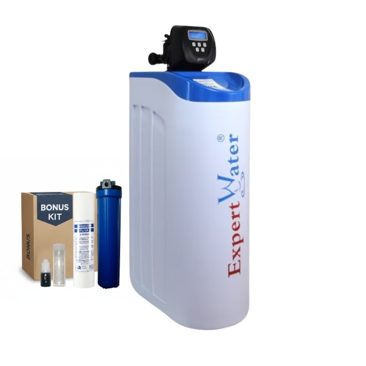 Dedurizator apa automat, 4-7persoane, reduce duritatea apei de la 55 pana la 0 grade germane, IMA CONCEPT®, EWS-25 Expert Water, Vana CLACK SUA, dedurizator apa cu sare - compact pentru calcar si murdarie, Filtru sedimente + tester duritate, 108x32x49 cm