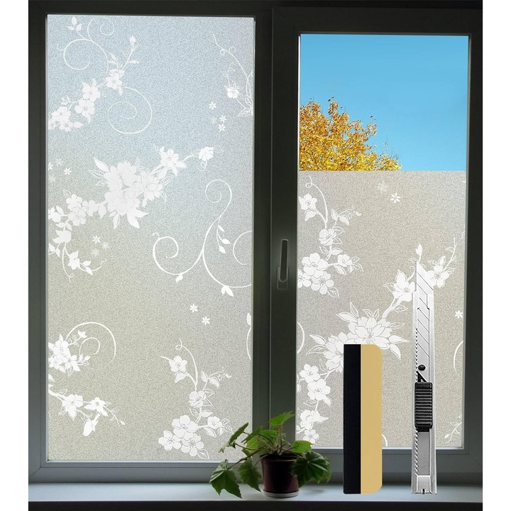 Folie mata pentru geam opaca cu model floral protectie intimitate si solara UV pentru interior, montaj electrostatic, 90 x 400 cm