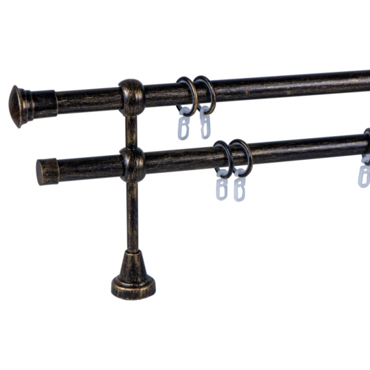 Galerie pentru draperie si perdea metal 19/19 mm AUSTRALIA dubla, negru-auriu, 240 cm, capete MELBOURNE