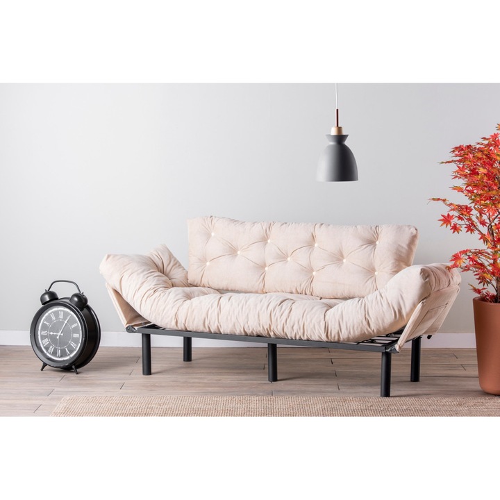 Canapea 3 locuri Nitta, crem, 220x84.5cm, fixa, textil