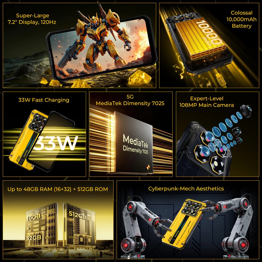 Telefon mobil Oukitel WP60, 5G, 7.2", 512GB/16GB, 10000mAh, Galben