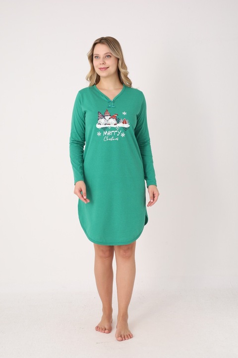 Rochie dama Craciun verde cu pitici „Merry Christmas”, maneca lunga si fundite la decolteu S