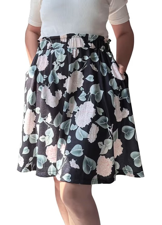 Fusta scurta cu pantaloni pentru femei, casual, neagra cu flori, Negru