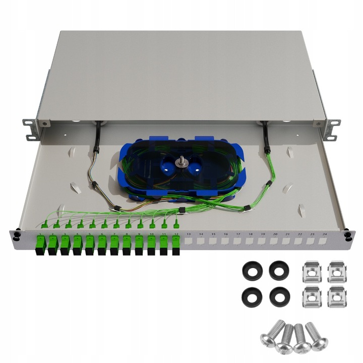 Optikai elosztódoboz, 19" 1U rack fiók 24xSC Simplex, szürke