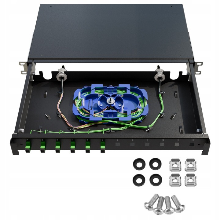 Optikai elosztódoboz, 19" rack fiók, 1U, 12xSC simplex rack szekrényhez