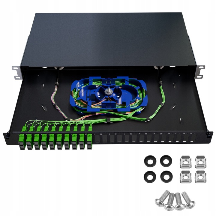 Optikai elosztódoboz, rack fiók, 19" 1U, 24xSC duplex rackhez