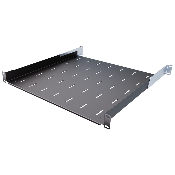 Állítható 19”-os 1U 450mm 450-610mm rack polc fekete Stalflex rack szekrényekhez