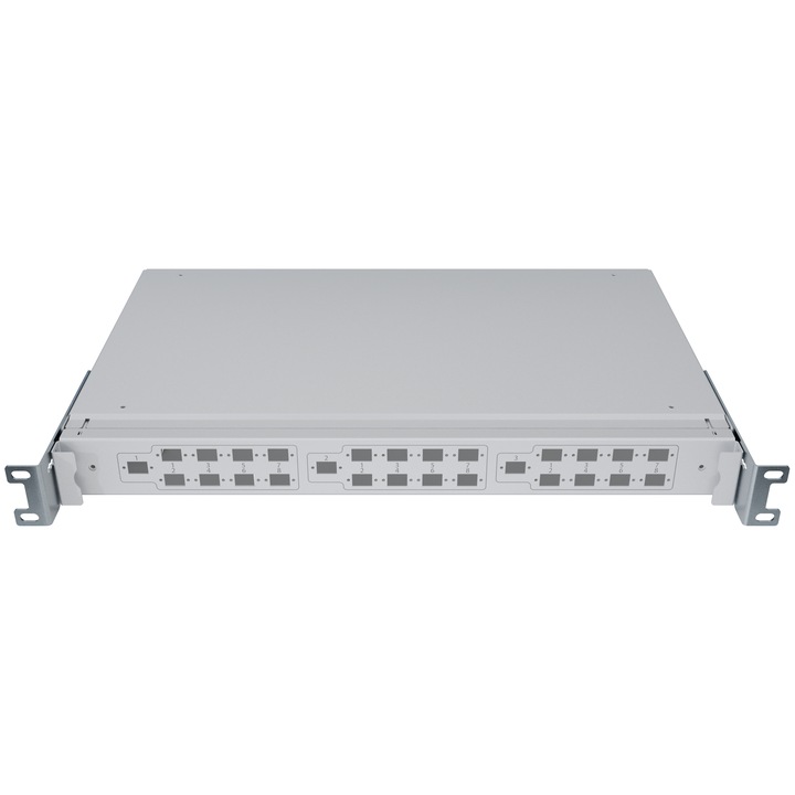 Rack Splitter Fibra Optica 19” 1U 3x1:8 PLC SC/APC Carcasa Sertar Gri