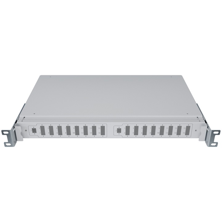 Rack Splitter Optikai Szál 19” 1U 2x1:16 PLC SC/APC Fiókos Ház Szürke