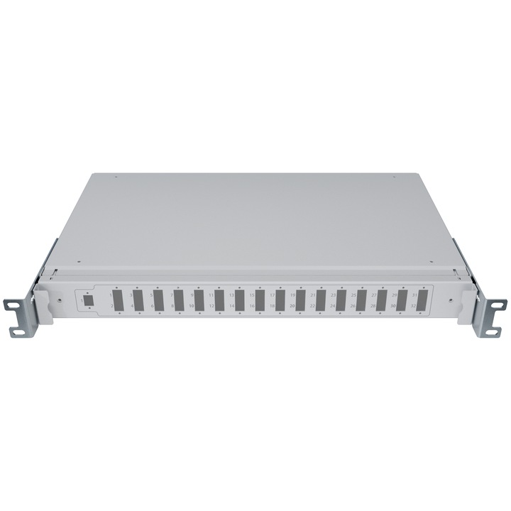 Rack Száloptikai Splitter 19” 1U PLC 1x32 SC/APC Fiókos Ház Szürke