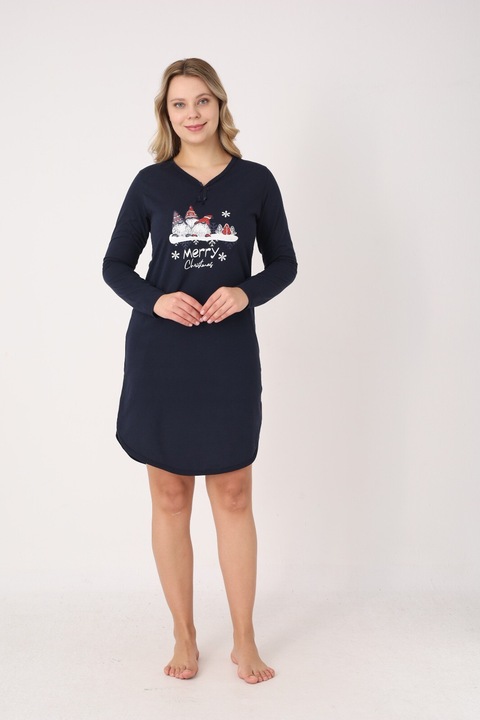 Rochie dama Craciun bleumarin cu pitici „Merry Christmas”, maneca lunga si fundite la decolteu L