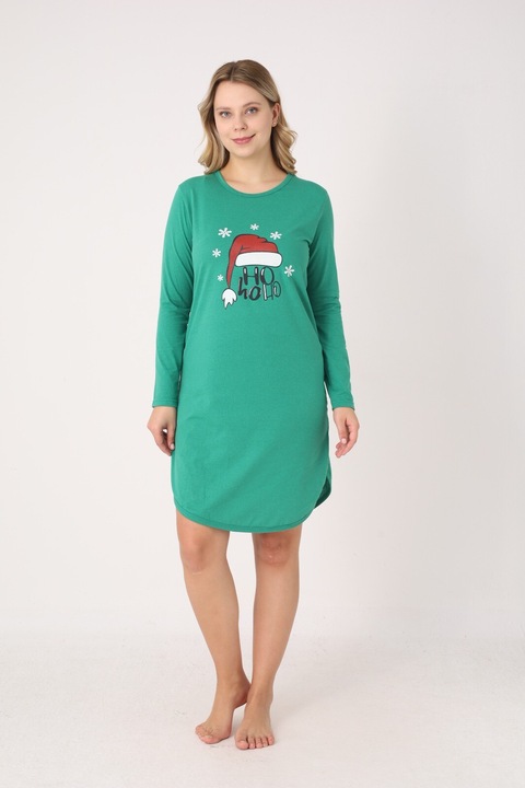 Rochie dama Craciun verde cu caciula „Ho Ho Ho”, maneca lunga S