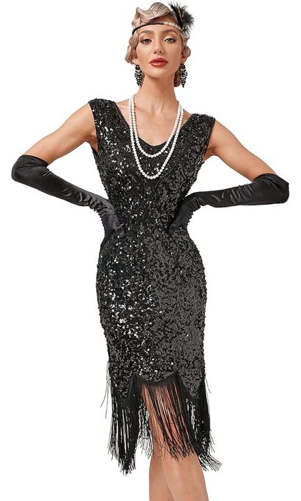 Rochie Retro cu Paiete pentru Femei – Decoletu V-neck, Fara Maneci, Franjuri Elegante, Lungime Pana la Genunchi, Neagra, Negru