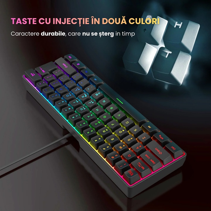 Геймърска клавиатура NEOSOR 60% с кабел, 61 клавиша, RGB осветление, N-Key Rollover, ергономични Double-Shot клавиши, FN мултимедийни функции, компактен дизайн, устойчивост на течности, USB