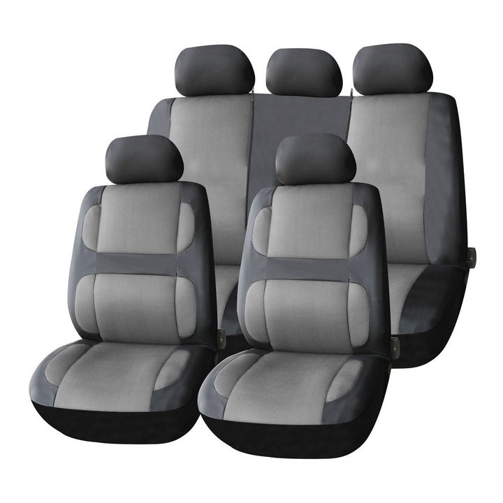 Set huse auto 9 piese, AMiO, negru-gri, pentru fata si spate, compatibile cu airbag-uri