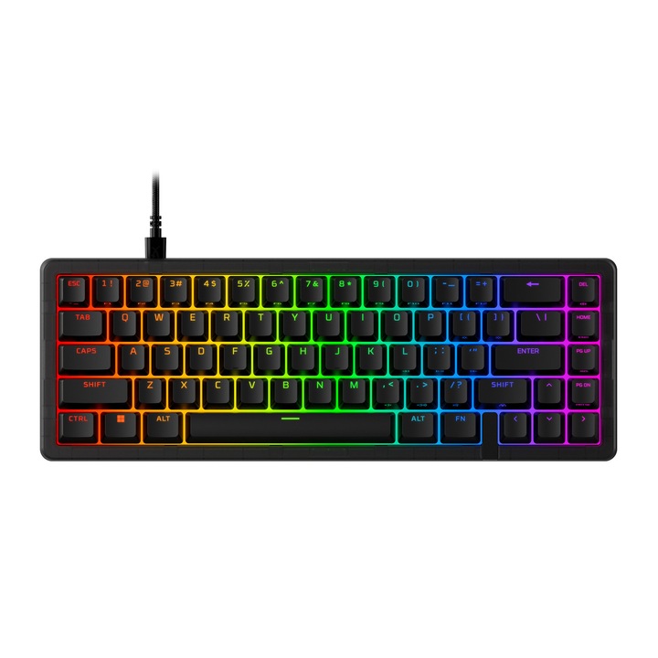 Tastatura gaming mecanica HyperX Origins 2 65, iluminare RGB personalizabila, switch‑uri Hot‑Swap, profil taste inalt, layout 65%, polling rate max 8K, unghi ajustabil, software NGENUITY, negru