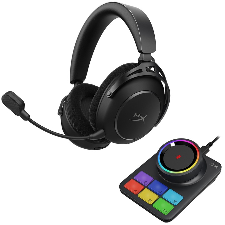 Casti gaming wireless HyperX Cloud Alpha 2, difuzoare dual‑chamber de 53 mm, autonomie max 250 de ore, statie de baza RGB, conexiune simultana 2.4GHz & Bluetooth, multiplatforma, software NGENUITY, negru