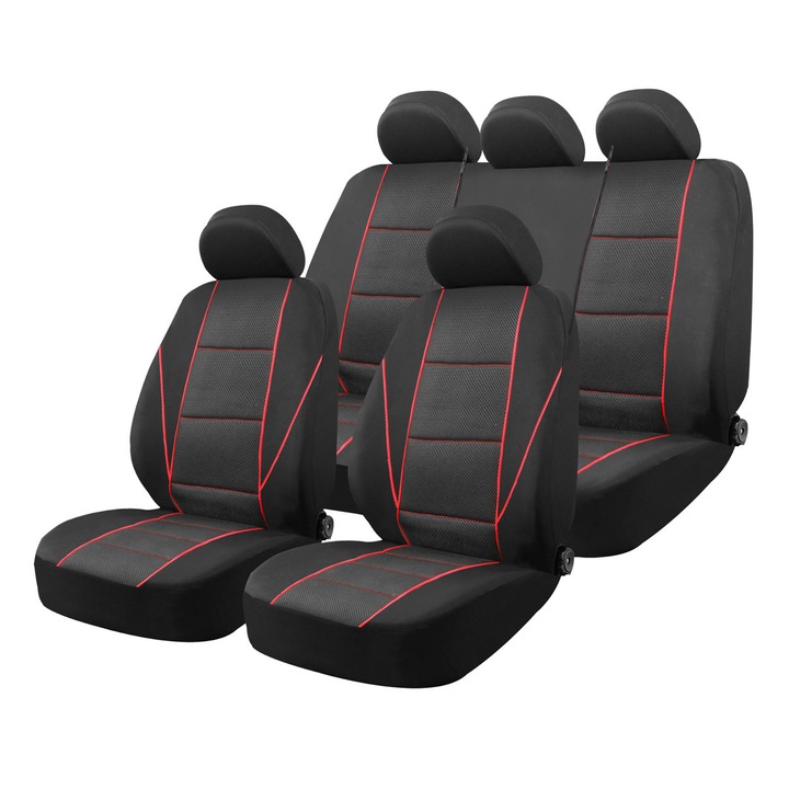 Set huse auto AMiO, 9 piese, negru-rosu, pentru scaune cu airbag, montaj usor