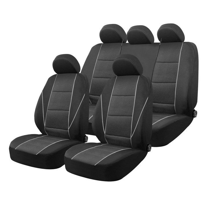 Set huse auto AMiO, 9 piese, negru, pentru fata si spate, compatibile cu airbag-uri