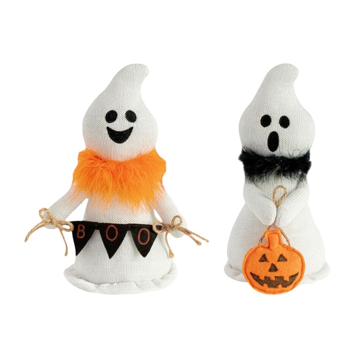 2 darab plüss Halloween szellem szett, fehér, narancssárga és fekete díszítéssel, 27 cm