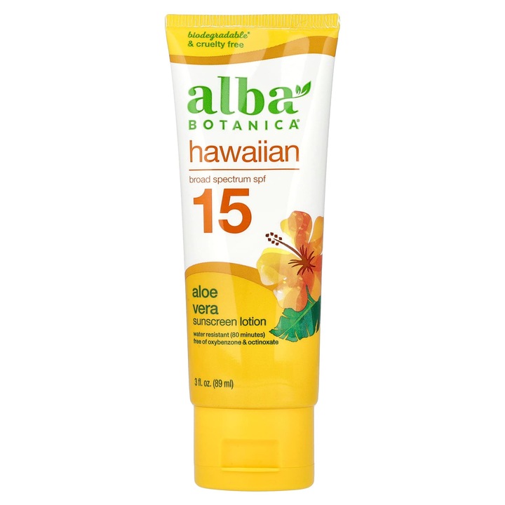 Lotiune de protectie solara, Alba Botanica, SPF 15, 89 ml, biodegradabila, cu aloe vera