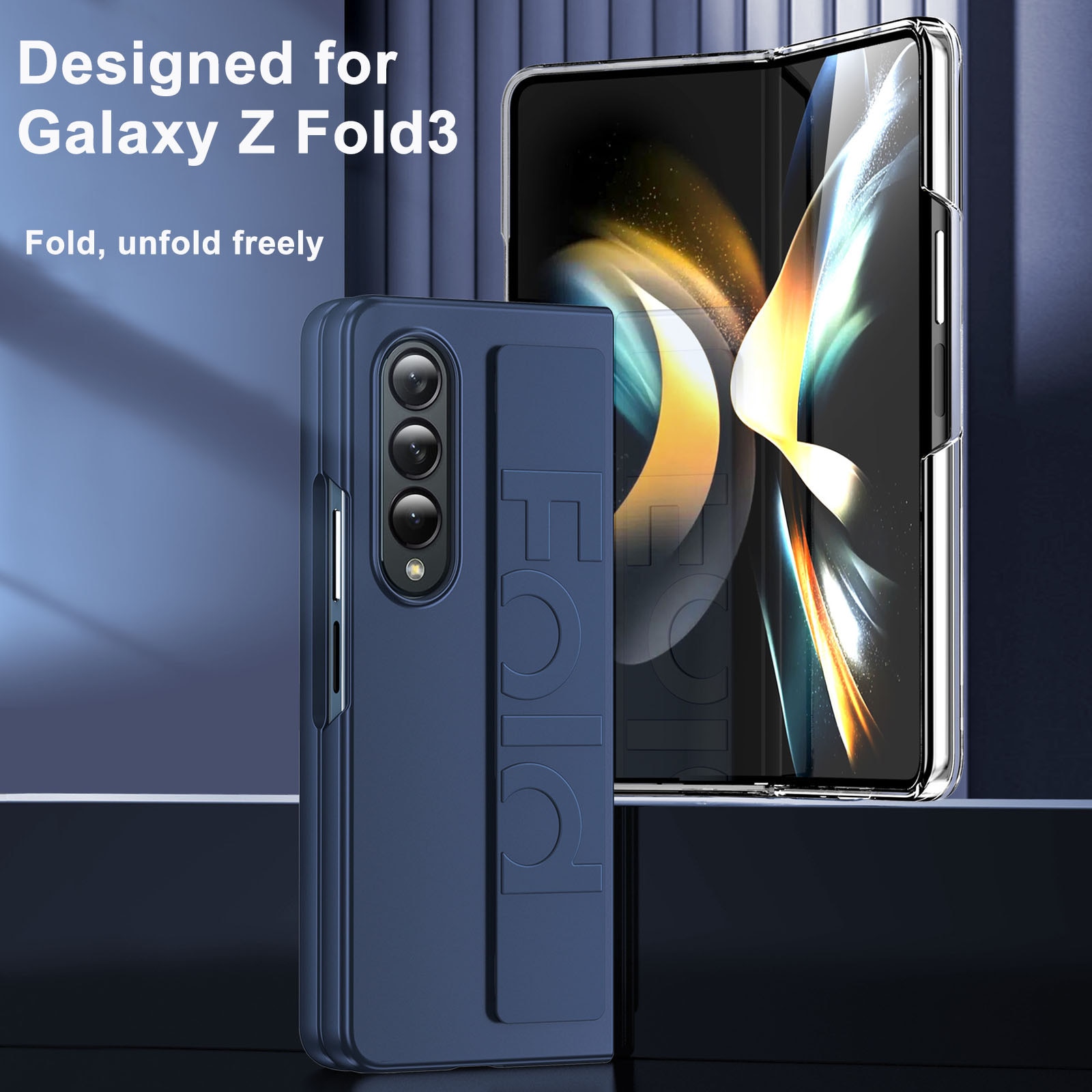 Huse telefoane, AFKSMILE, compatibila cu Samsung Galaxy Z Fold 3, Prindere Sigura cu Curea Elastica, Protectie completa, Anti-soc, Decupaje Precise, Rezistenta la impact, Pentru barbati si femei, PC, Albastru Inchis