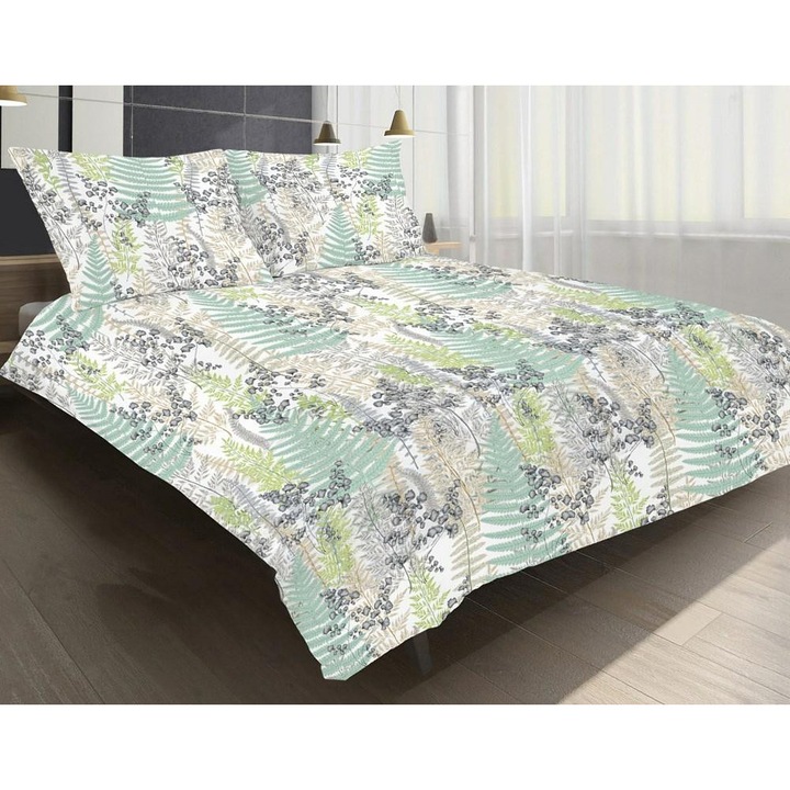 MATEX ágyneműhuzat garnitúra, szatén, 160x200cm, szürke-menta szín, páfrány mintás