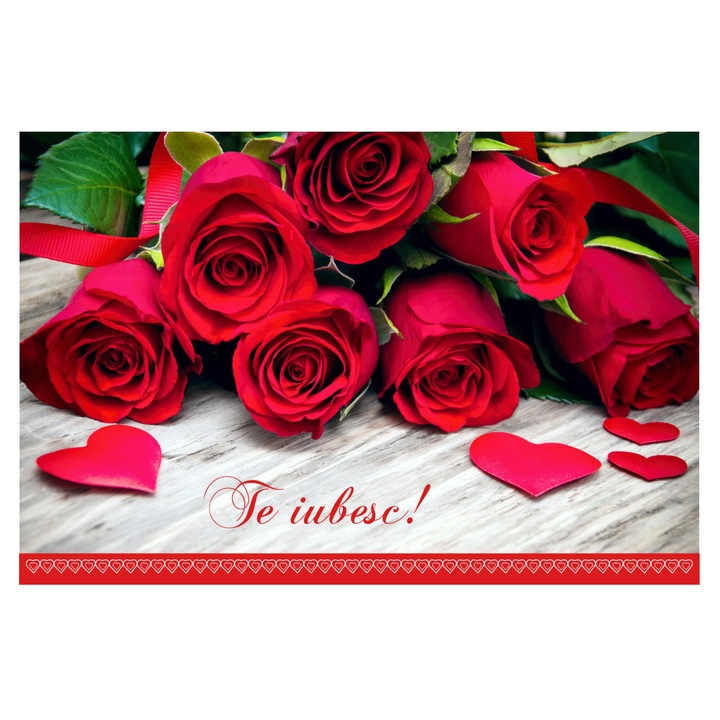 Felicitare cu plic, de dragoste si iubire Valentines Day "Te iubesc!", buchet trandafiri, 120 mm x 180 mm, carton 300 g