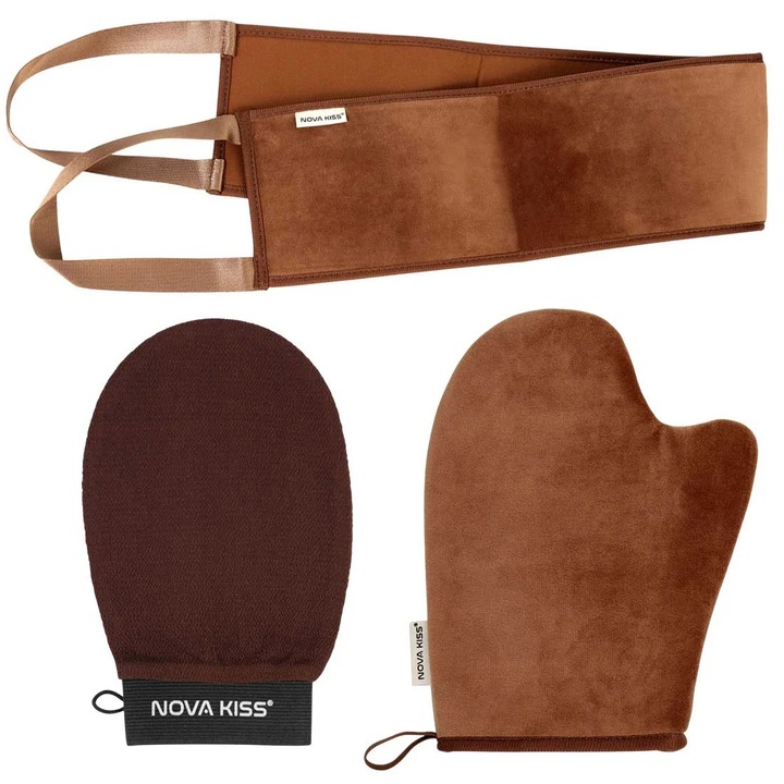 Професионален комплект за тен NOVA KISS, ръкавица за автобронзиране, ексфолираща ръкавица, апликатор за гръб, многоцветен, унисекс