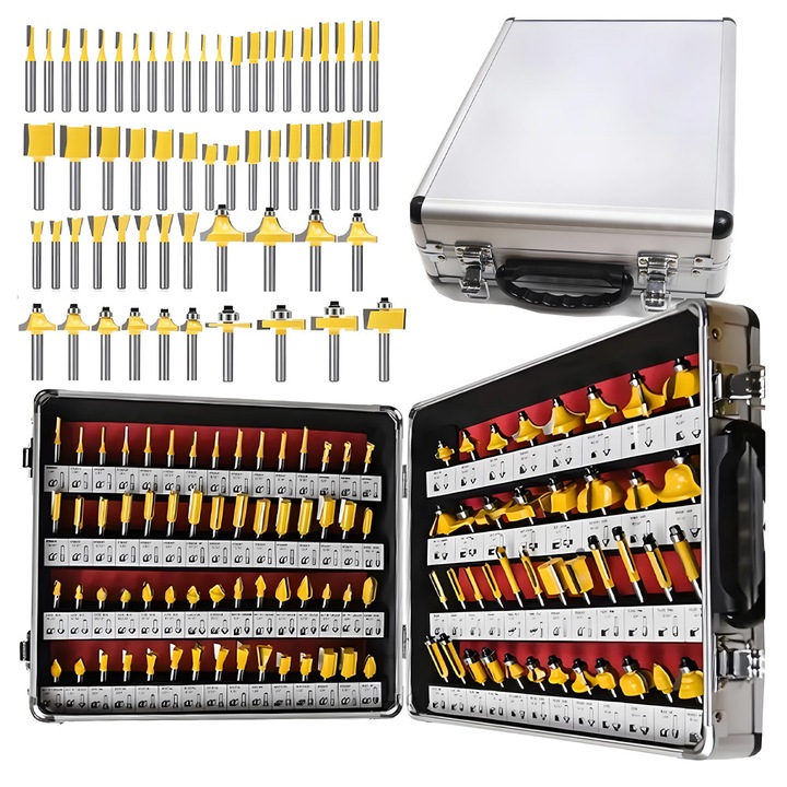 Set 100 Freze pentru Lemn, Diametru 6.35mm, 1/4", Diverse Forme, Cutite din Otel HSS, Finisaje Decorative si Nivelari, in Valiza Ergonomica