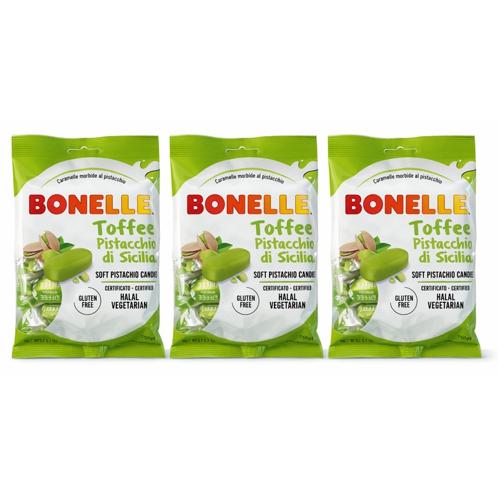 Bomboane moi Bonelle Toffee Pistachio di Sicilia, set 3 x 150 g, fistic, fara gluten