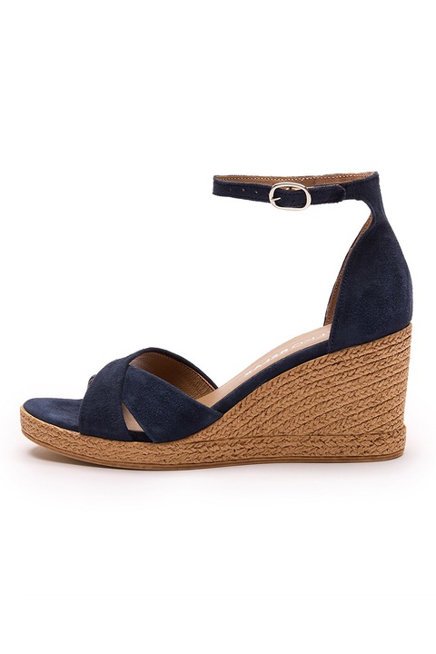RYŁKO, Sandale-espadrile din piele intoarsa cu talpa wedge si catarama, Albastru inchis