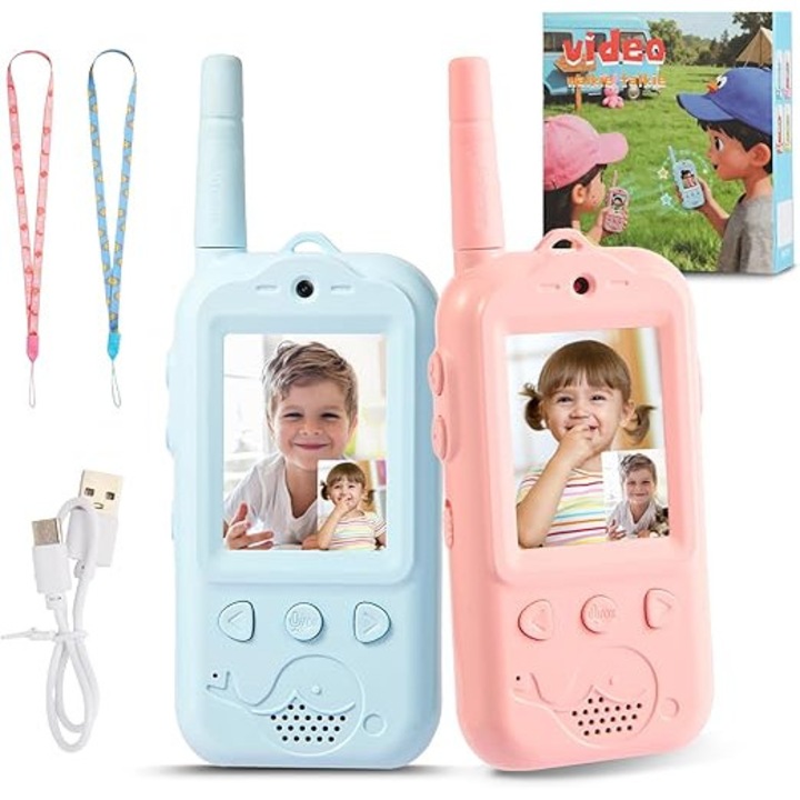 Walkie Talkie Videó gyerekeknek, 2 állomásos készlet videó funkcióval, 2.0 hüvelykes kijelző, újratölthető akkumulátor, 2 USB-C kábel, hangcsevegés és fotó, ajándékok 3-12 éves fiúknak lányoknak, szabadtéri játékok, kempingezés (kék + rózsaszín)