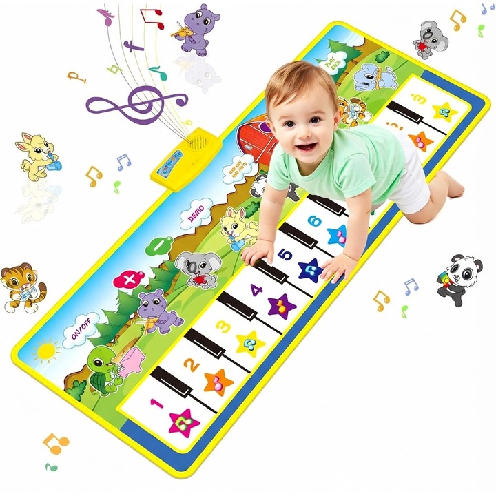 RQQM® Covoras Muzical Tip Pian pentru Copii, Pliabil si Antiderapant, Covor de Dans Interactiv cu 10 Taste, Control Volum, Functie de Inregistrare si Redare, Jucarie Educationala pentru Bebelusi 1–3 Ani,100x36cm
