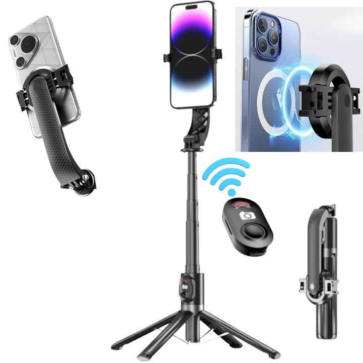 Selfie stick multifunctional, RaSteff™, Prindere magnetica si mecanica, CALITATE PREMIUM 22cm-140cm, Trepied, Suport pentru telefon, Bluetooth, Telecomanda detasabila, Telescopic, Compatibil iOS/Android, Negru