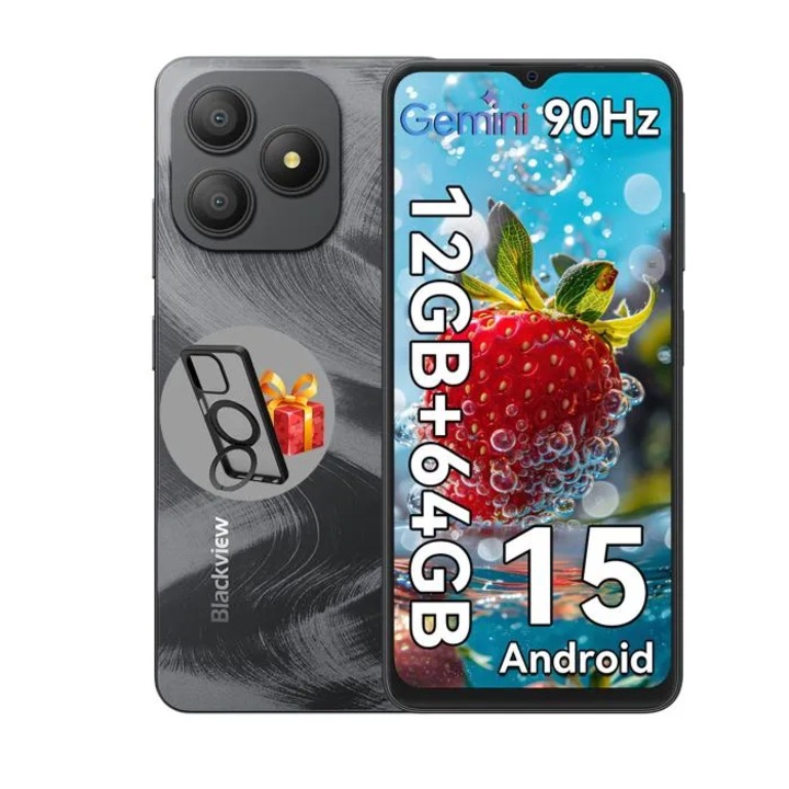 Мобилен телефон Blackview Wave 9C, Dual SIM, Android 15, 12GB+64GB, 5000mAh, 6.56" HD+ екран, 13MP+8MP камера, 4G смартфон, пръстов отпечатък/Face ID/GPS, черен