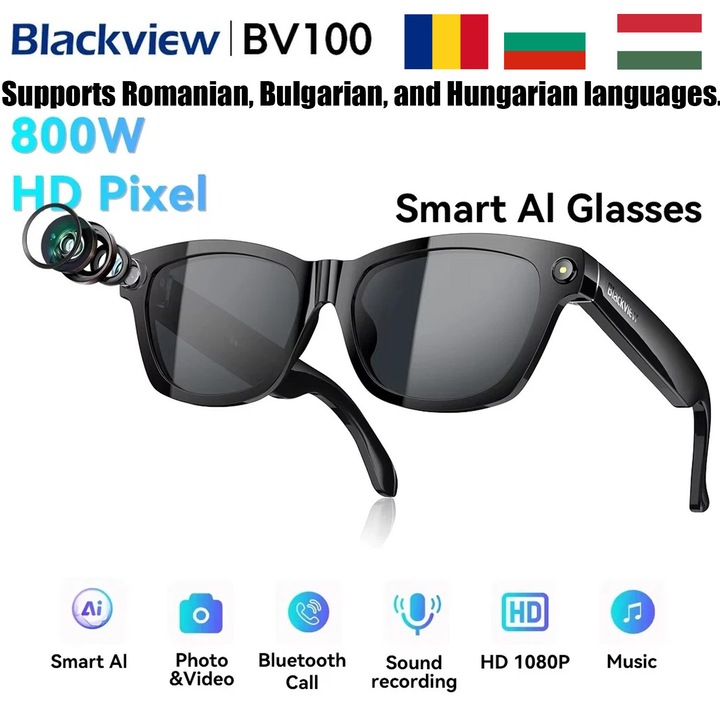 Smart Glasses with AI Translation Blackview BV100, 800W Camera, 1200P Hidden Camera, for Men and Women, AI Voice Assistant, Simultaneous Interpretation, Built-in Dual Speakers, Sunglasses, BT5.4, 220MAH, Black
