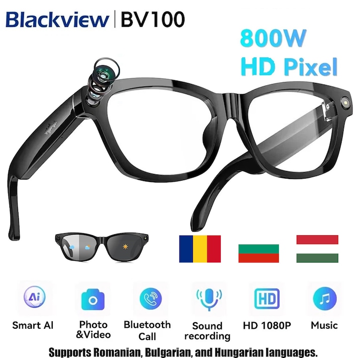 Смарт очила с AI превод Blackview BV100, 800W камера, 1200P скрита камера, за мъже и жени, Гласов асистент с изкуствен интелект, симултанен превод, Вградени двойни високоговорители, BT5.4, 220MAH, Черни