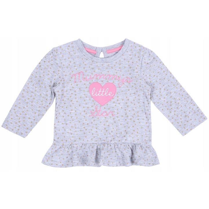 Bluza bebelusi fete, Primark Early Days, gri cu stelute aurii, maneca lunga, volanas decorativ, 6-9 luni / 74 cm