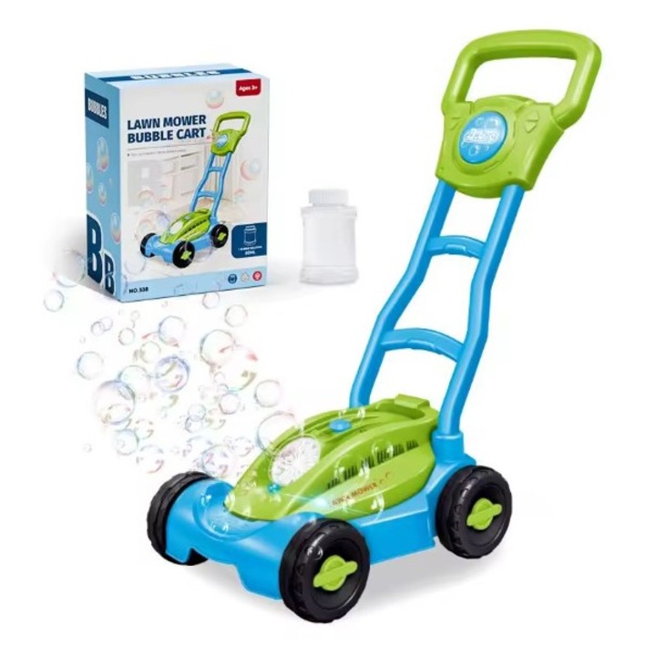 Carucior–masina cu bule de sapun, jucarie stropitoare pentru joaca copiilor, verde cu albastru