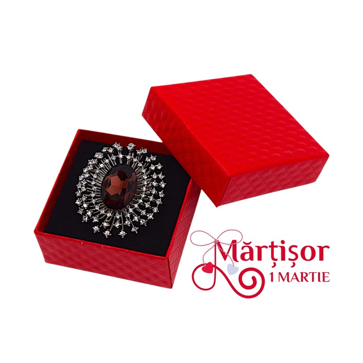 Brosa / Pandantiv Ovala cu cristal visiniu si strasuri 5 x 4.5cm