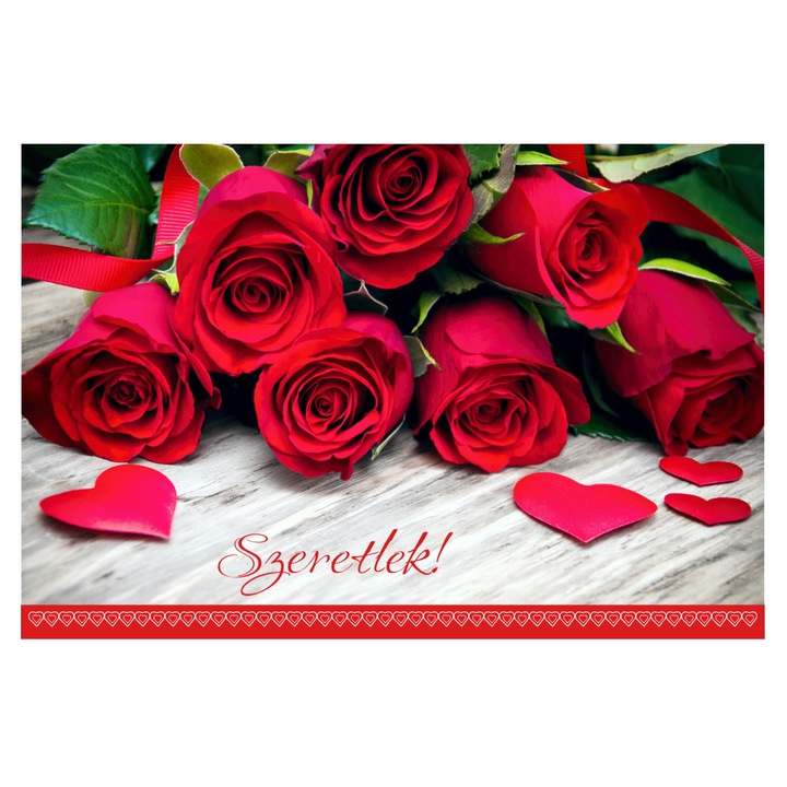 Felicitare cu plic, de dragoste si iubire Valentines Day "Szeretlek!", limba maghiara, buchet trandafiri, 120 mm x 180 mm, carton 300 g