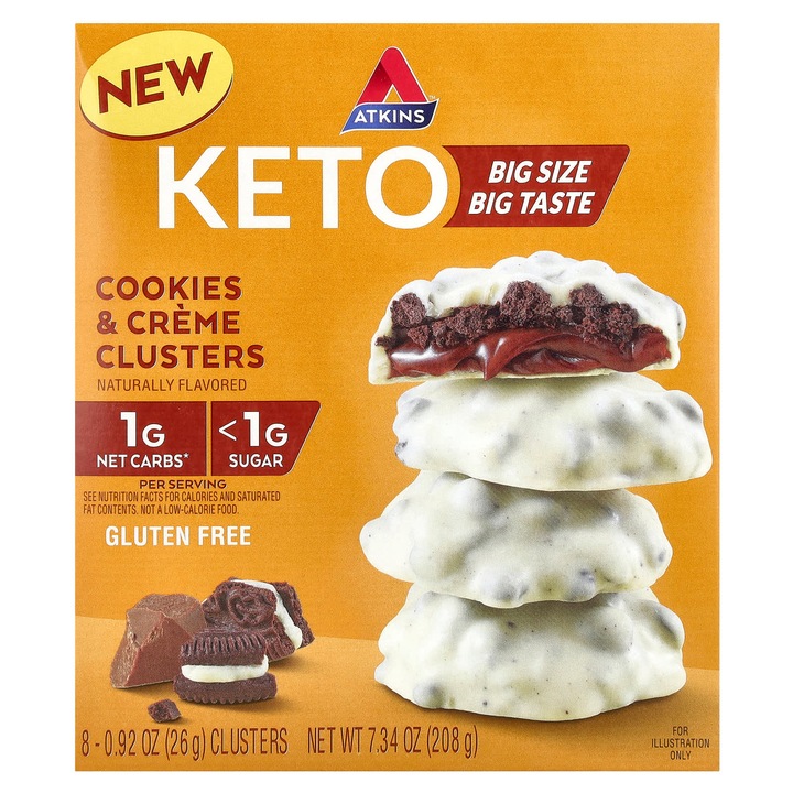 Atkins, pachet de 8 biscuiti keto Cookies & Creme, 26 g fiecare, fara gluten, aroma naturala