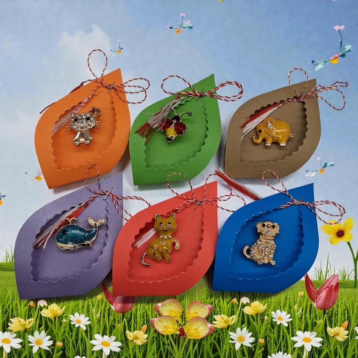 Set 6 Martisoare Brosa cu Animalute Vesele in Scoici de Carton Colorate