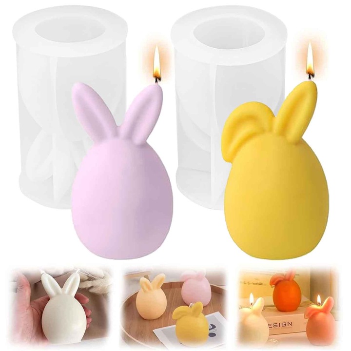 Комплект от 2 силиконови 3D форми за свещи, великденски зайчета, за многократна употреба, незалепващи