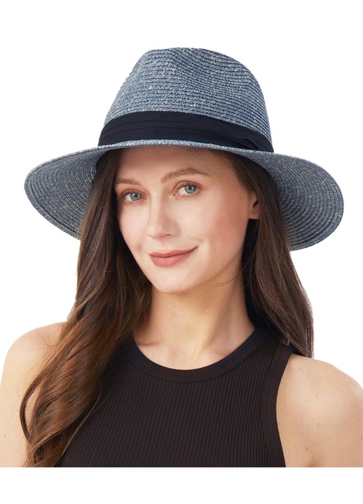 Palarie de paie Fedora unisex Zylioo, albastra, 55x57 cm, protectie UV