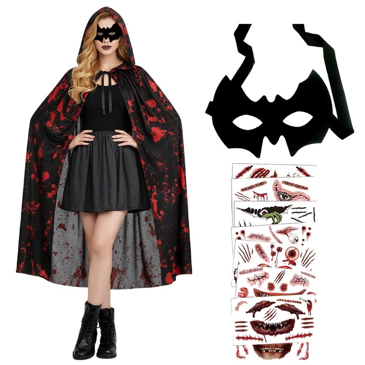 Costum Vampir Drakula, Moerstar, peleryna 150cm, masca, 10 tatuaje